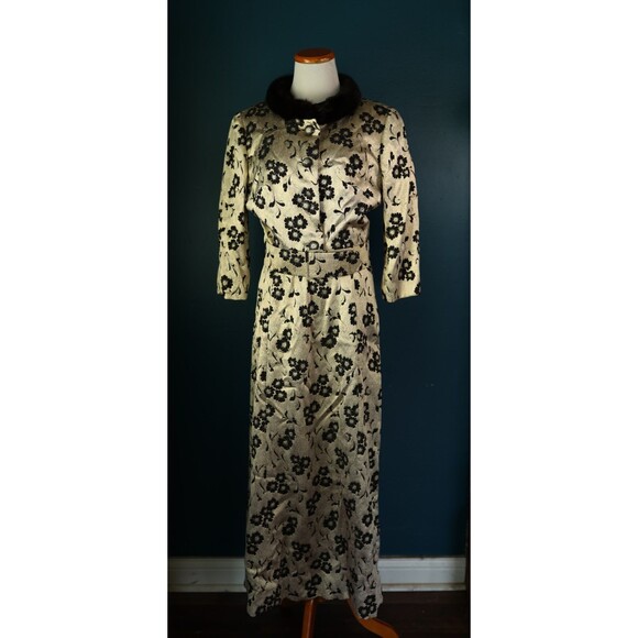 Vintage 60s Couture Walton Pierce Metallic Gold Fur Brocade Jacket Maxi Dress